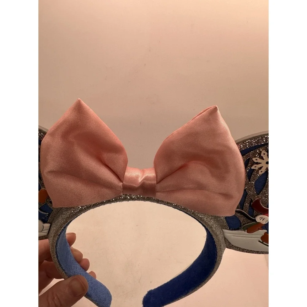 Disney Parks 2023 Christmas Mickey Minnie Snowman Glitter Ear Headband‎ Pink Bow